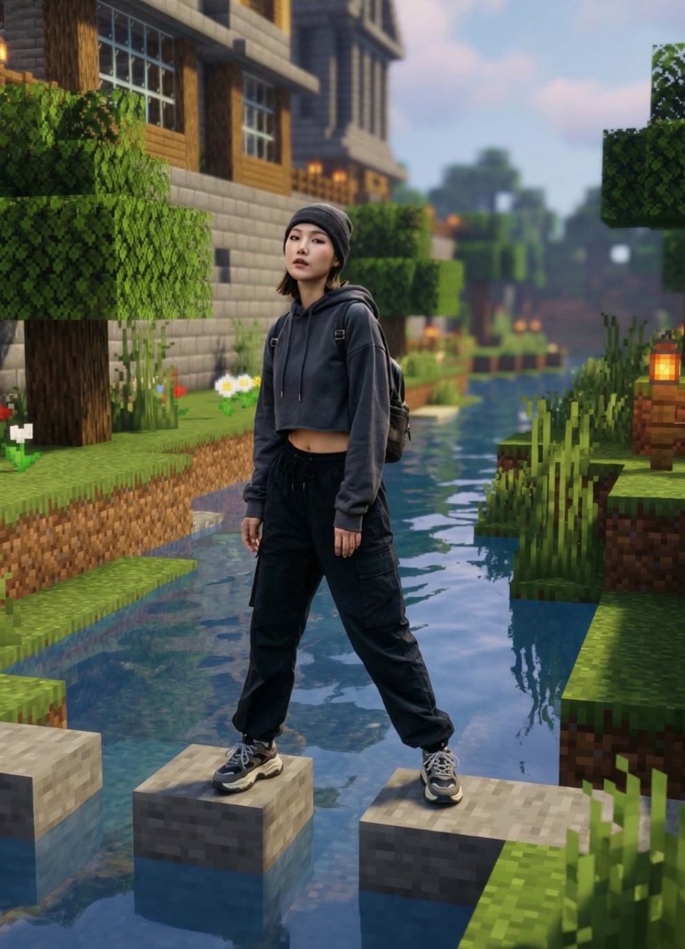 Real Person in Minecraft World Background - AI Prompt