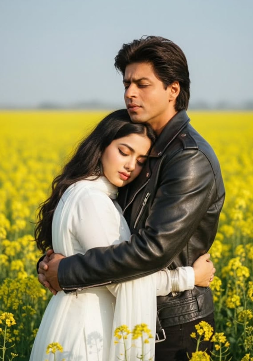 Romantic Bollywood-Style Mustard Field Portrait - AI Prompt