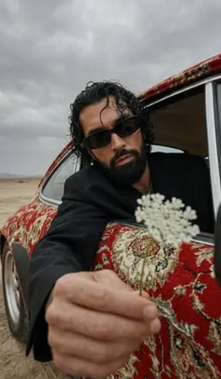 Ultra-Realistic Editorial Portrait in Desert Porsche - Free AI Art Prompt